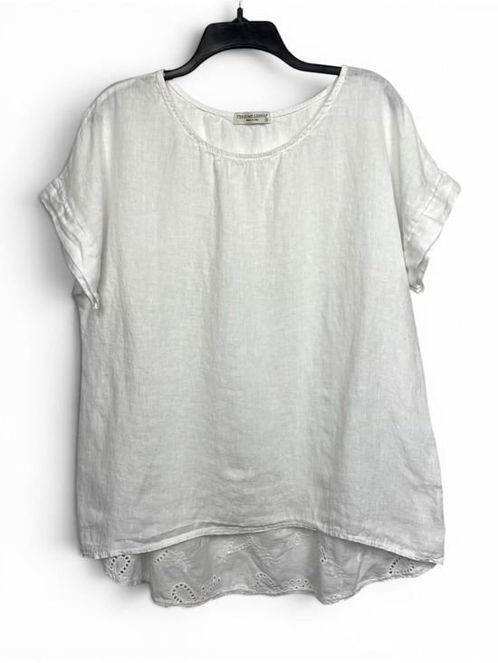 Terzo Millennio Tops - 100% linen made in Italy White Short Sleeve Tunic with Eyelet Hem back details M